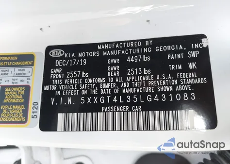 2020 Kia Optima Lx из США, поврежденный, VIN 5XXGT4L35LG431083